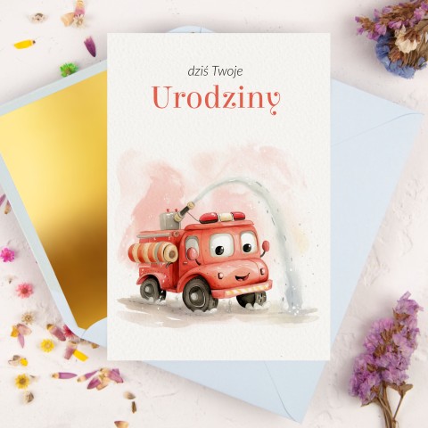 Kartka na urodziny dla chłopca strażaka ze strażą pożarną - Fire Truck